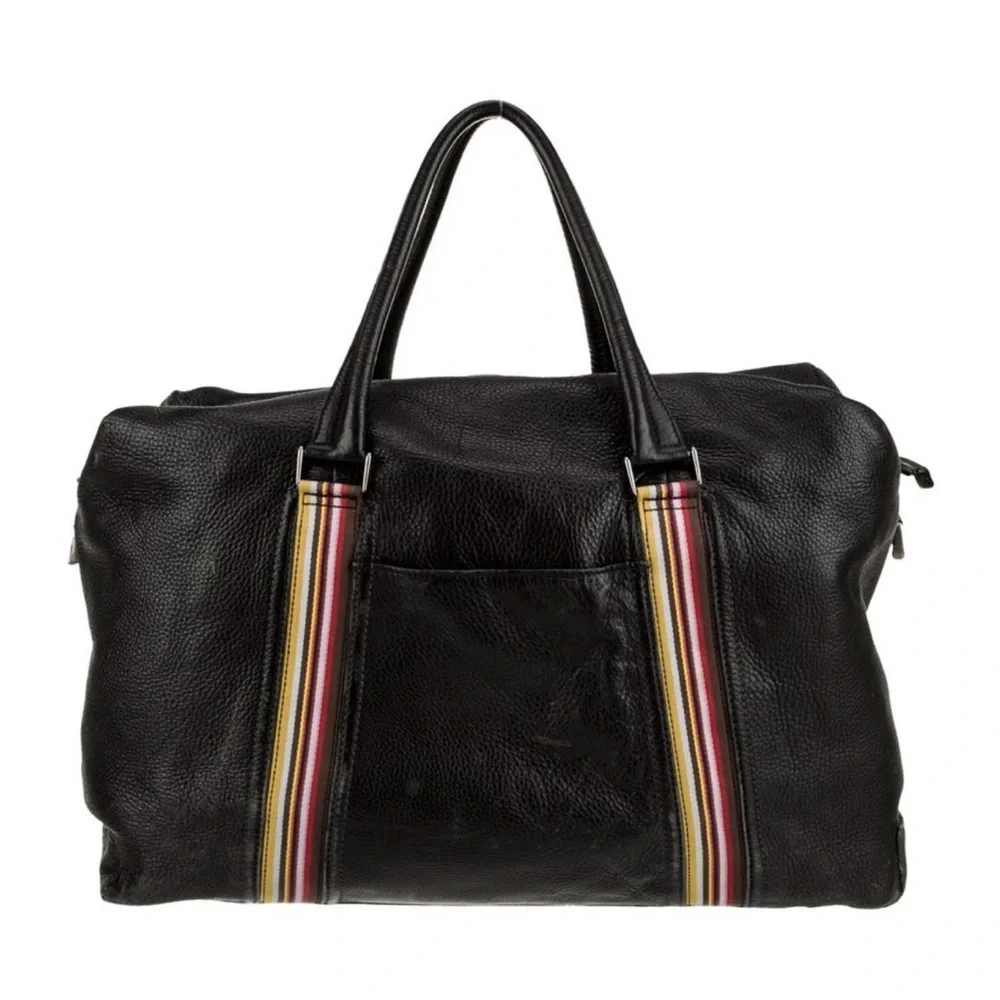 Paul Smith Black Leather Weekender Bag with Multicolor signature strip